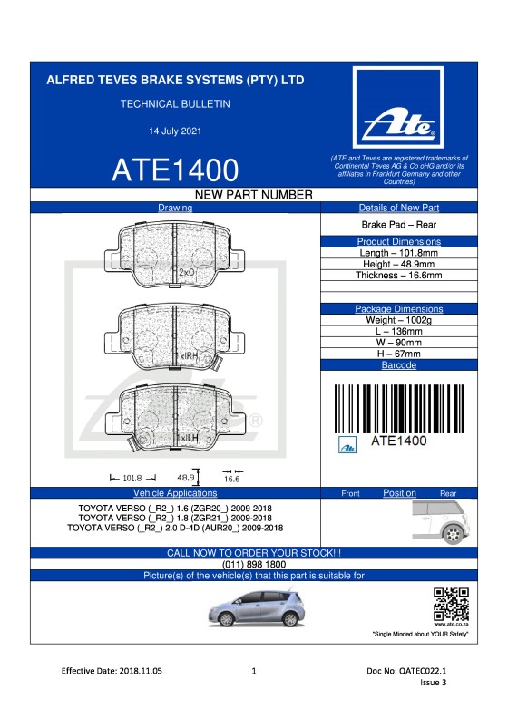 ATE1400 NEW! Brake pad for Toyota featured image